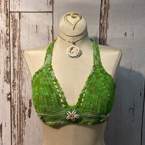 Hand Crochet bikini halter top with cowry shells.